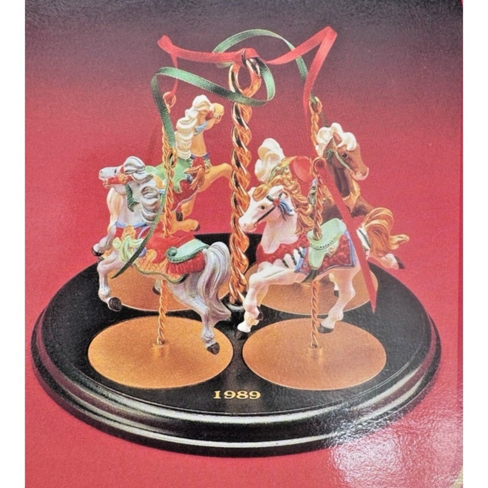 Hallmark 1989 Carousel Horse Ornaments Set of 4 + Display Stand Complete